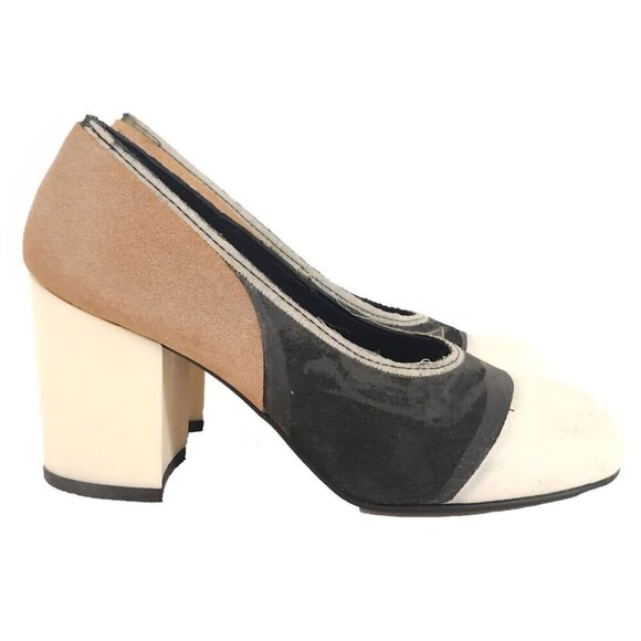 Comme des Garcons Colorblock Cowhide Heels 23.5 US 7 Multi Distressed Pumps $535 - Picture 5 of 11